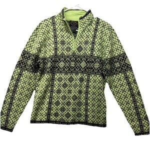 Obermeyer Signatures Wool Blend 1/4 Zip Sweater Large Green Nordic Snowflake